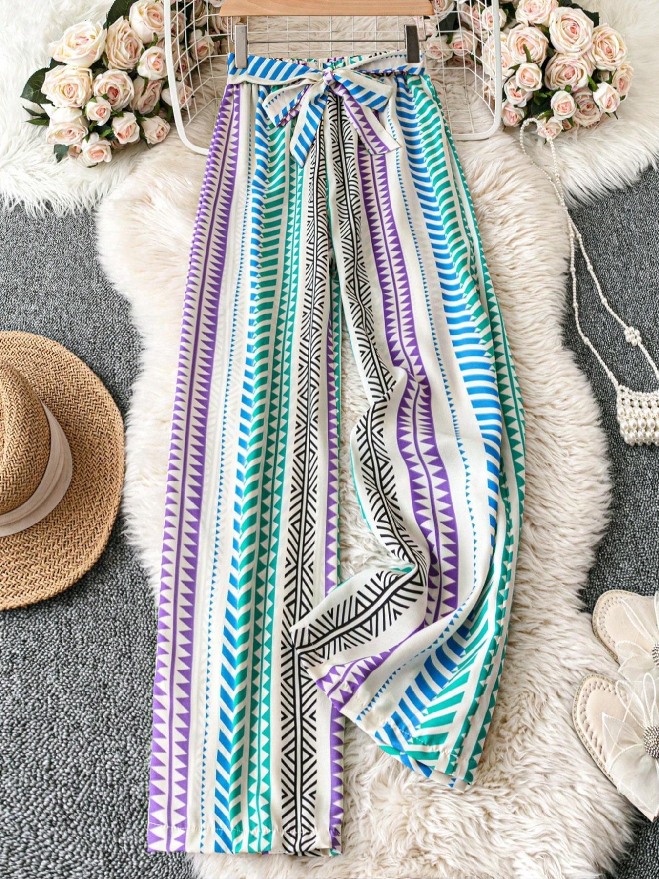 Women's All Over Print Tie Waist Wide Leg Pants, Boho Casual Comfy Trousers for Daily Holiday Vacation Wear, Women's Bottoms for Summer, Bohemian Street Trousers