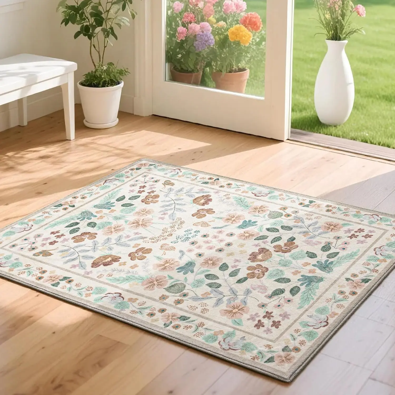 Asrug Flroal Small Entryway 2x3 - Vintage Area Rug Washable Rug Non-Slip, Machine Indoor Rugs 2'x3', Easy Clean Soft Low Pile Indoor Floor Decor for Kitchen Office Bathroom, Beige