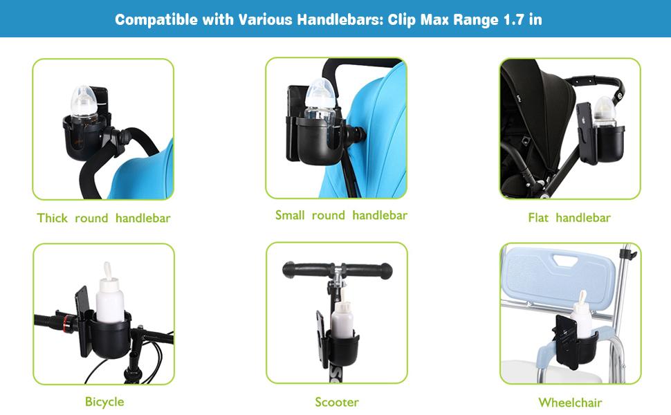 Stroller Cup Holder with Hook, Bike Cup Holder, Universal Cup Holder for Uppababy Nuna Doona Strollers, 2-in-1 Cup Phone Holder for Stroller Bike Wheelchair Walker Accessory