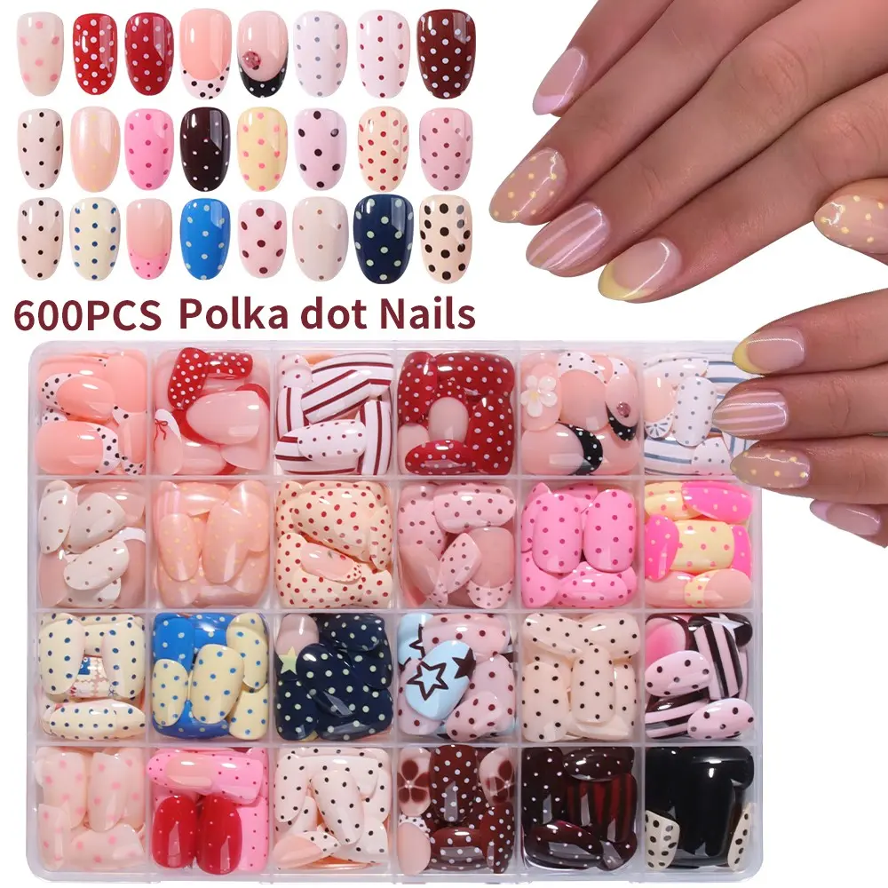 Short Squoval Nails Press On Nails Nude Pink French Tip Polka Dot Bow Heart Cute Nails for Daily Party Date DIY Fake Nail