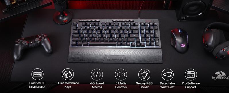 Redragon K515 Shiva RGB Membrane Gaming Keyboard, 98 Keys Mechanical-Feel Keyboard w/Smooth Linear Switch, On-Board Macro & Dedicated Multimedia Keys, Detachable Wrist Rest, Software Supported