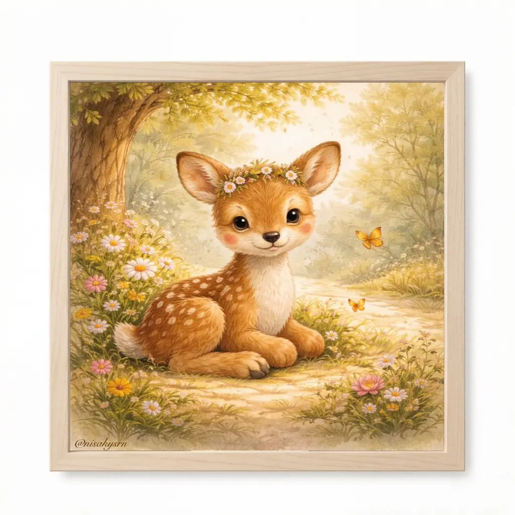 A 2D flat unframed hand-made DIY diamond painting kit with cute cartoon deer, forest flowers and butterflies pattern, warm and healing, high-definition full drill, suitable for home decoration, handcraft lovers and gift-giving.