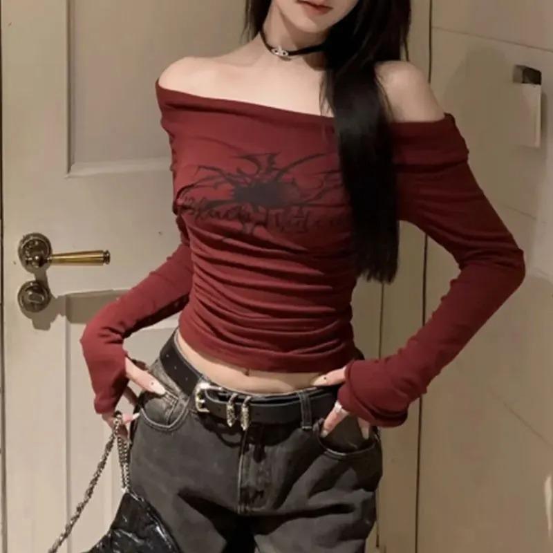 Gothic Print Grunge T-Shirts Women Long Sleeve Off the Shoulders Tops Y2K Clothes Streetwear Shirt Korean Style Vintage Crop Top