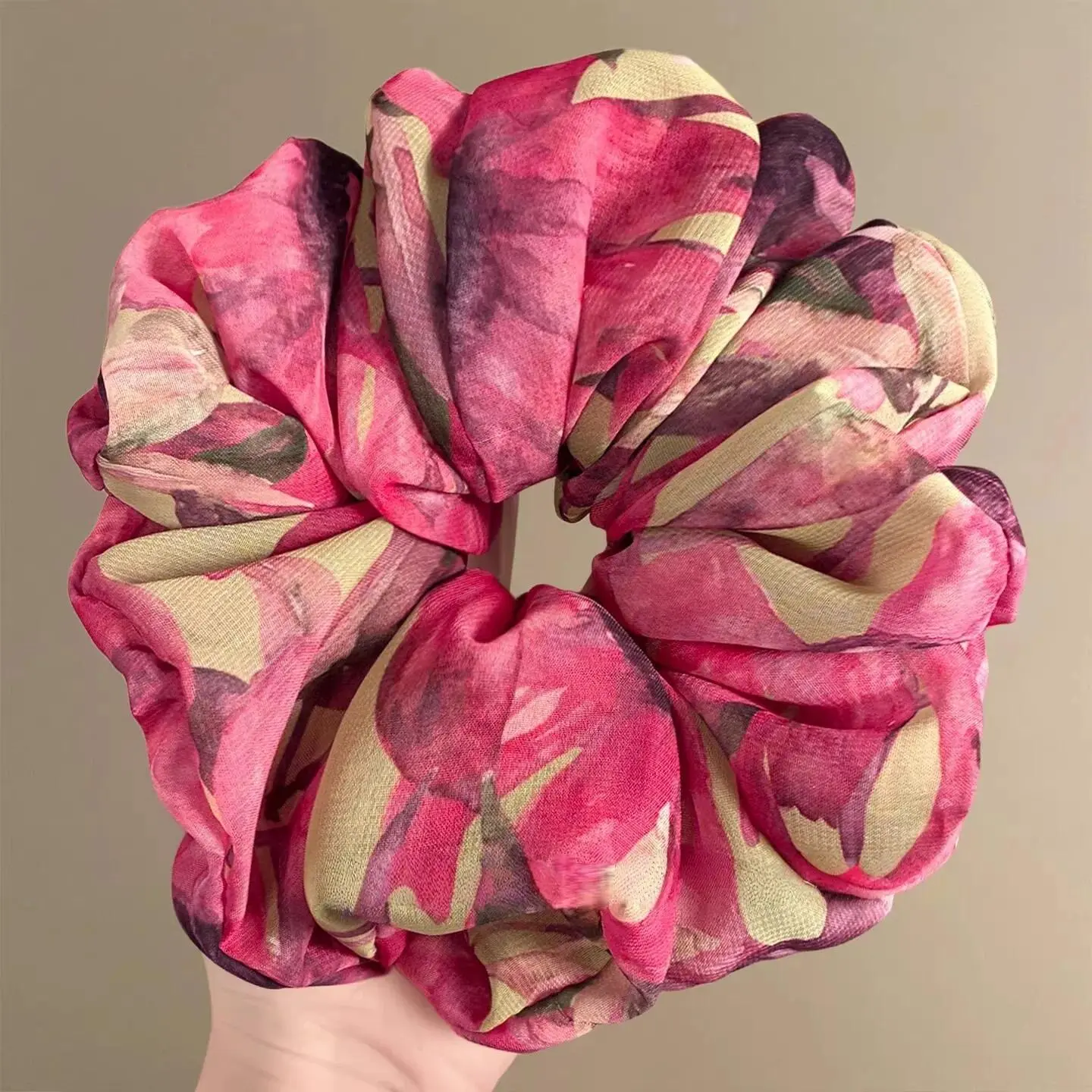 Summer Beach Chiffon Red Flower Scrunchies Women Girls Elastic Hair Rubber Band Accessories Tie Hair Rope Ring Headwear Ornament