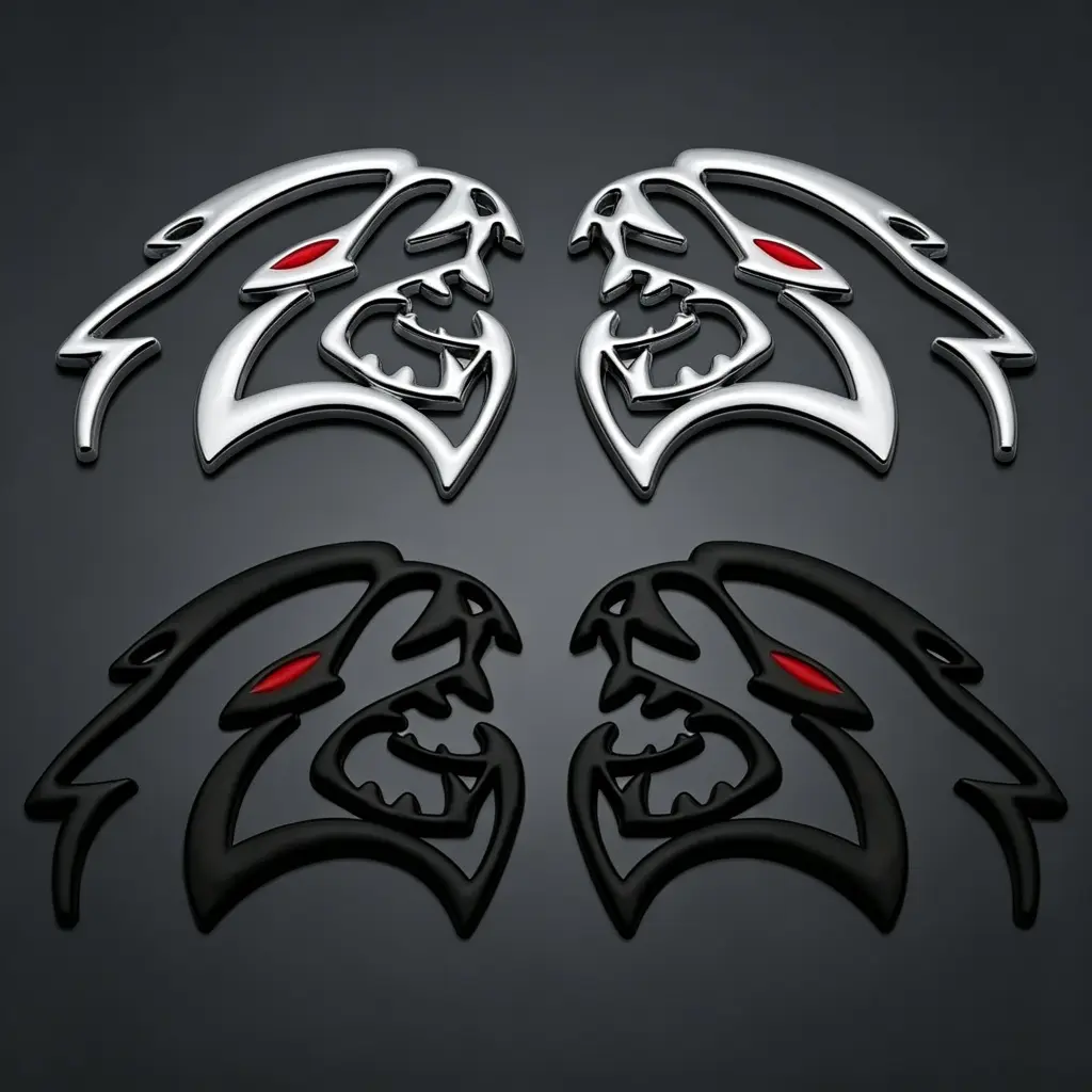 2 Piece SRT Car Emblem Set 3D Metal Alloy Badge with Red Eye Detail Hellcat Style Logo Decals for Car Exterior Automotive Decoration