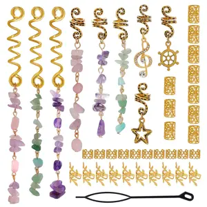 40 Pack Hair Jewelry for Braids, Natural Colored Crystal Stone Hair Braid Accessories Metal Hair Charms Gold Loc Dreadlock Spirals Cuffs Rings for Women Girls Rave Festival Hairstyle Decoration