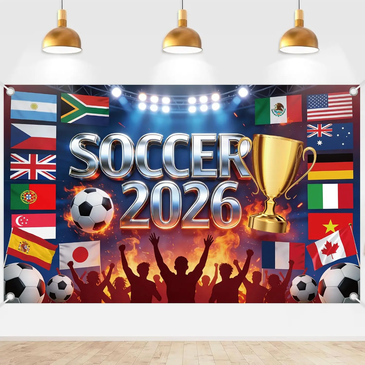 2026 Soccer Party Decorations Banner, Stadium Trophy Soccer Backdrop for Watch Party,  Celebration Background for Soccer Fans, 71 x 43 in