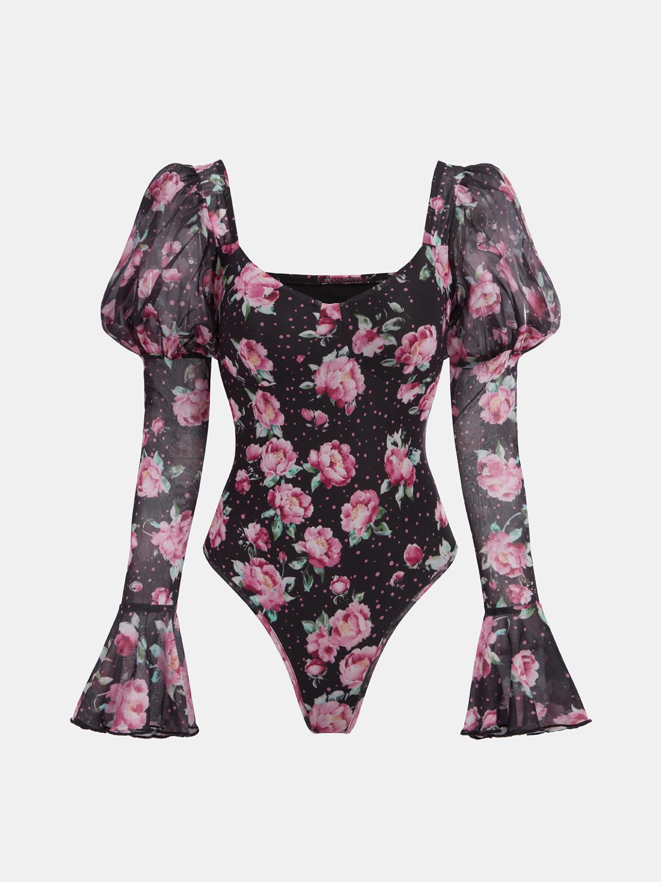 YOZY Women's Floral Print Leg-Of-Mutton Sleeve Bodysuit, Elegant Long Sleeve Square Neck Bodysuit for Spring & Fall, Ladies Clothes for Daily Wear