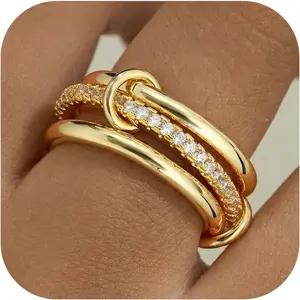 Gold Stackable Rings for Women Non Tarnish 18K Gold Plated Interlocked Stack Rings Set Silver Gold Mixed Metals Multi Ring Statement Thumb Rings Cubic Zirconia Connected Bands Fashion Jewelry Gifts