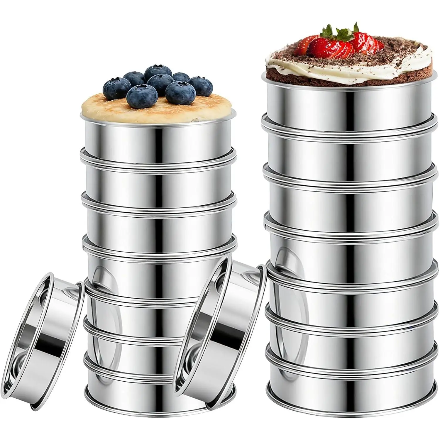 16Pcs Crumpet Rings Set, 4 & 3.15 Inch Nonstick English Muffin Rings, Stainless Steel Double Rolled Tart Ring, Round Metal Pastry Ring Molds for Baking Cake Dessert Food Making Tool