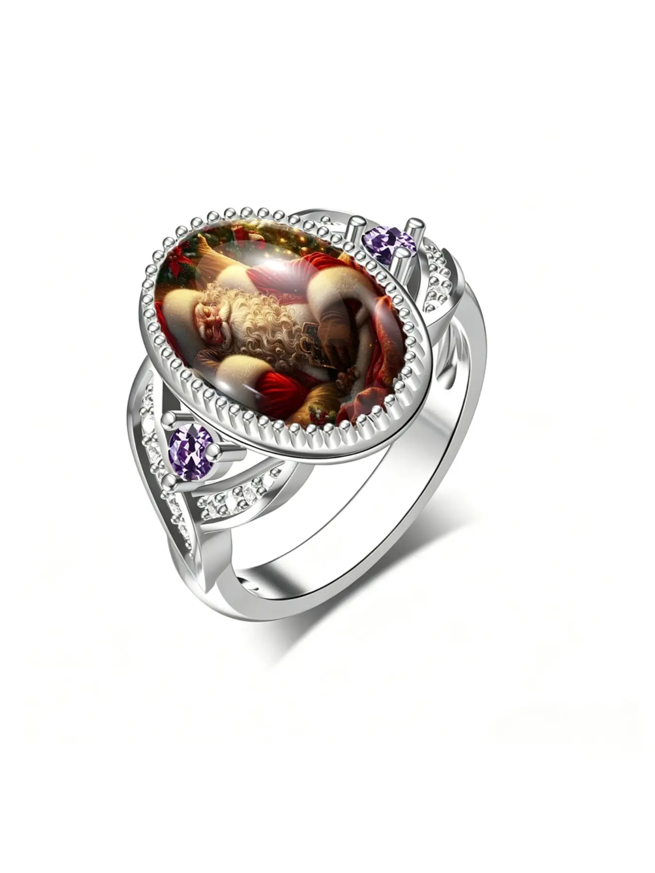Fashion Women's Ring, Oval Christmas  Santa Claus Print Jewelry, Holiday Decorative Ring, Perfect Gift for Festive Season, Stylish Accessory