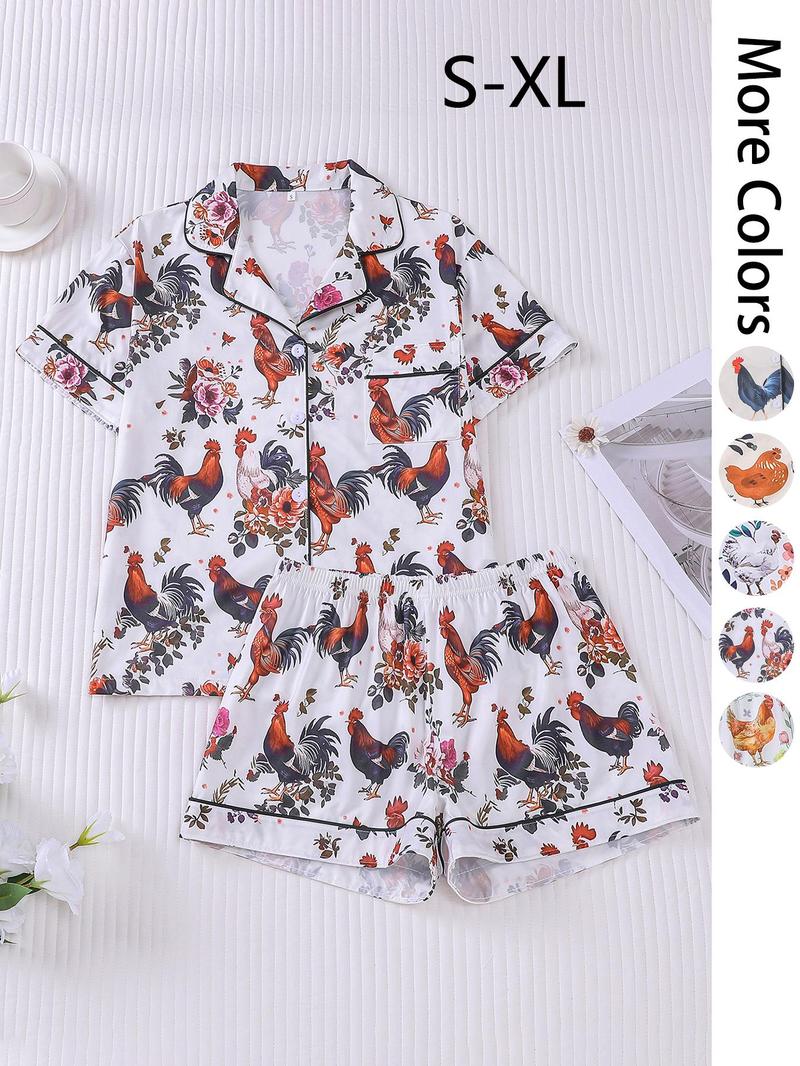 Women's All Over Chicken Print Crop Top & Elastic Waist Shorts Pyjama Two-piece Set, Casual Comfy Short Sleeve Top & Shorts PJ Set, Ladies Summer Sleepwear, Loungewear, Pajama Shorts Set