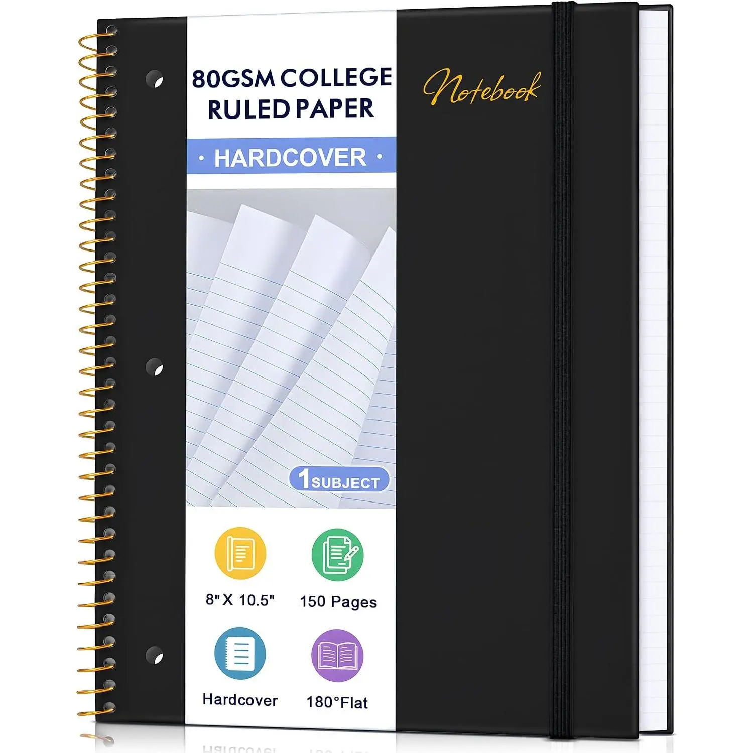 Spiral Notebook College Ruled Paper 8" x 10-1/2", 1 Subject Spiral Notebook 80GSM Paper, 3-Hole Punched Perforated Pages Ideal for School, Office, Writing, 75 Sheets Lined Journaling Notebook, Black