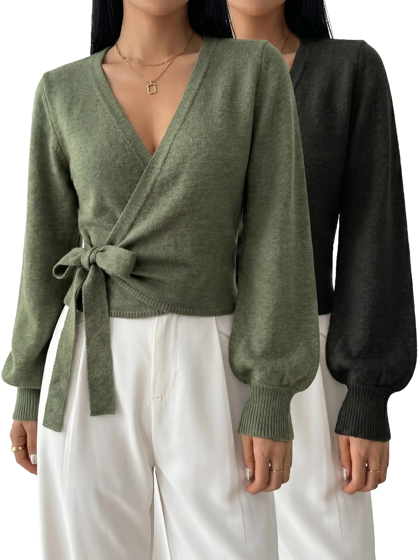 2 Pack Women’s Wrap Knit Cardigans (Green & Black), V-Neck Tie Waist Long Sleeve Sweaters with Balloon Sleeves, Casual Fall Winter Tops