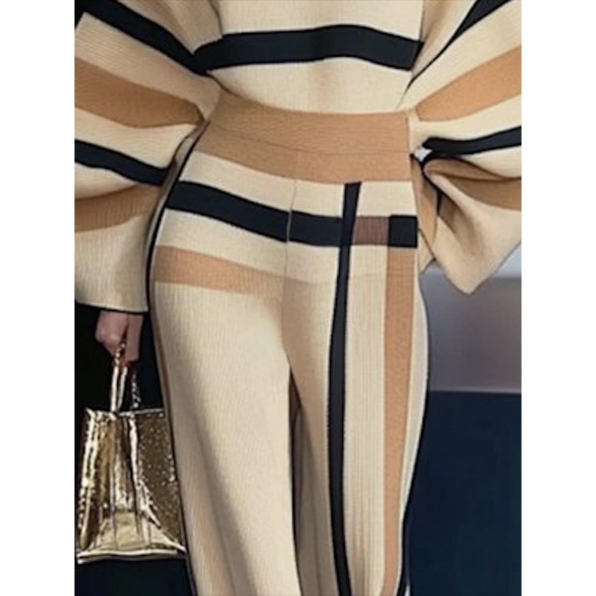 UOOZEE Loose Striped Round-Neck Pullovers Sweater Tops & Loose Wide Leg Striped Casual Pants Set Viscose Nylon Knitting Women's Clothing Suits Long Sleeve(The bottom is a bit small. It is recommended to choose one size larger)