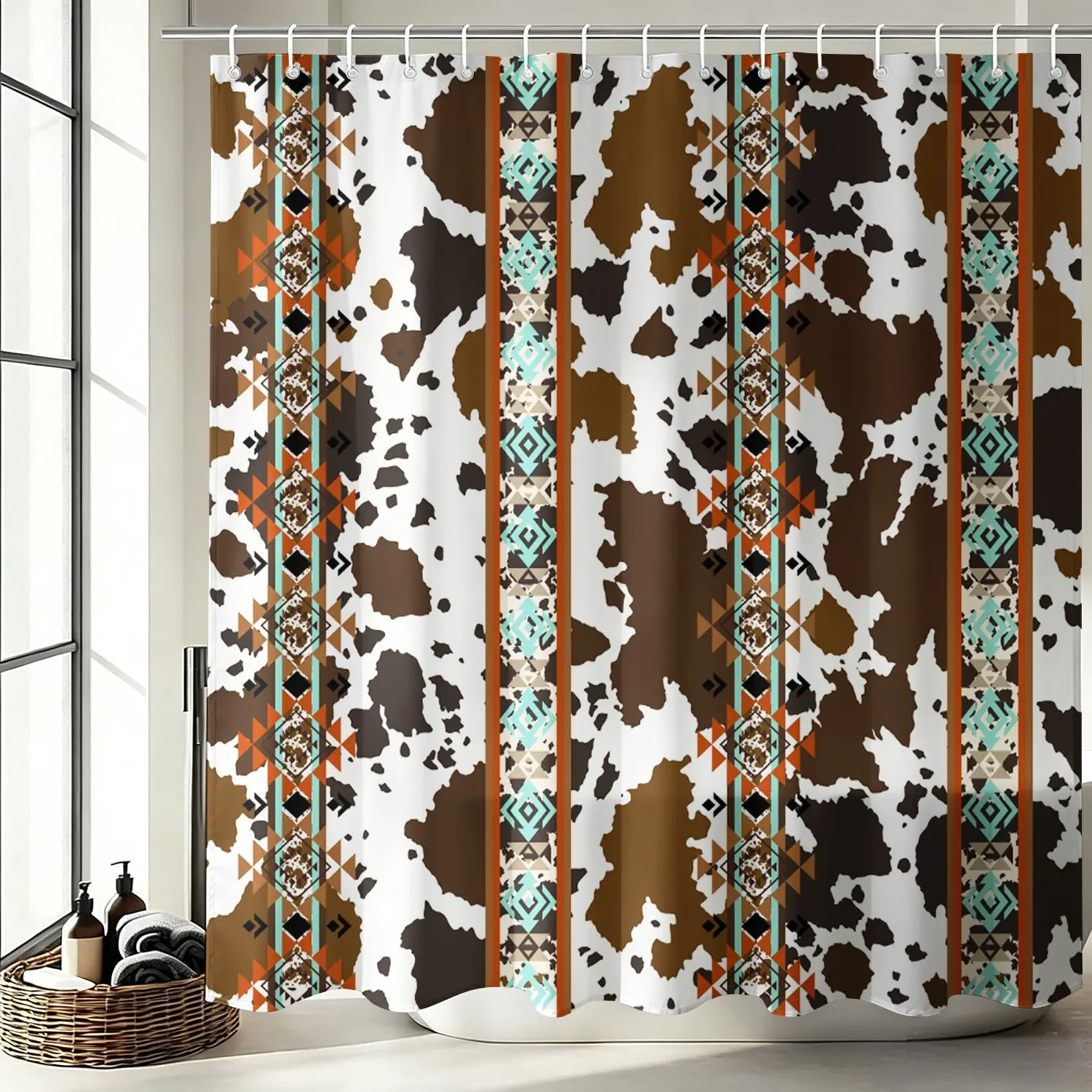 1Pc Cowhide Print Turquoise Aztec Boho Funky Shower Curtain, Western Rustic Ranch Tribal Stripe Farmhouse Cabin Gift Bathroom Decor with Hooks, Waterproof Quick Dry Machine Washable Country Bath Accessory, Gifts for Men, Bathroom Curtains