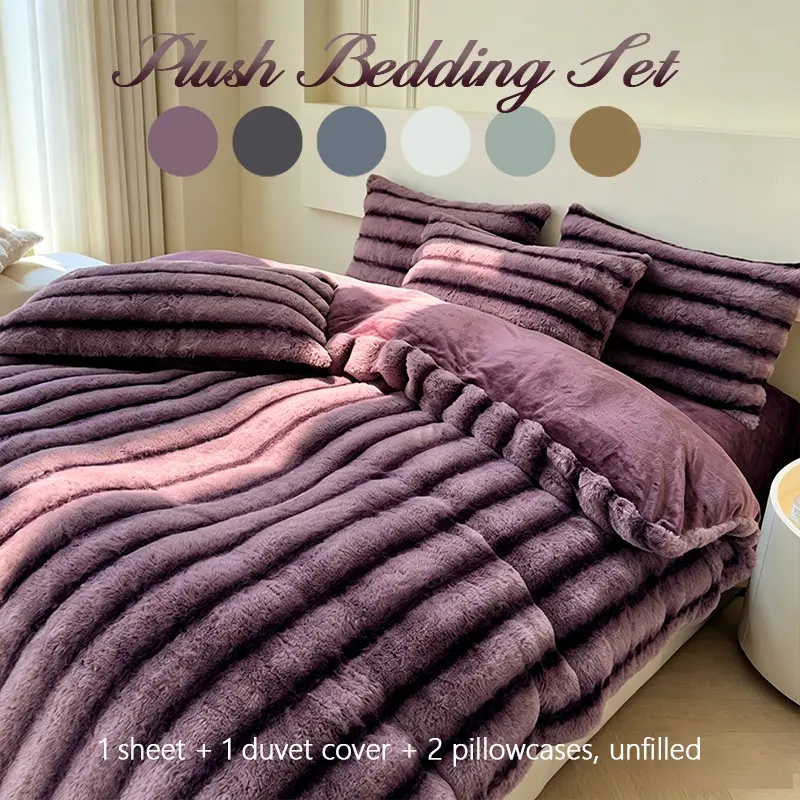 Fluffy Striped Plush Bedding Set, Ultra Cozy Duvet Cover with Sheet & Pillowcases, Warm Fuzzy Bedding for Winter Nights & Daily Use, Soft Bedding Set