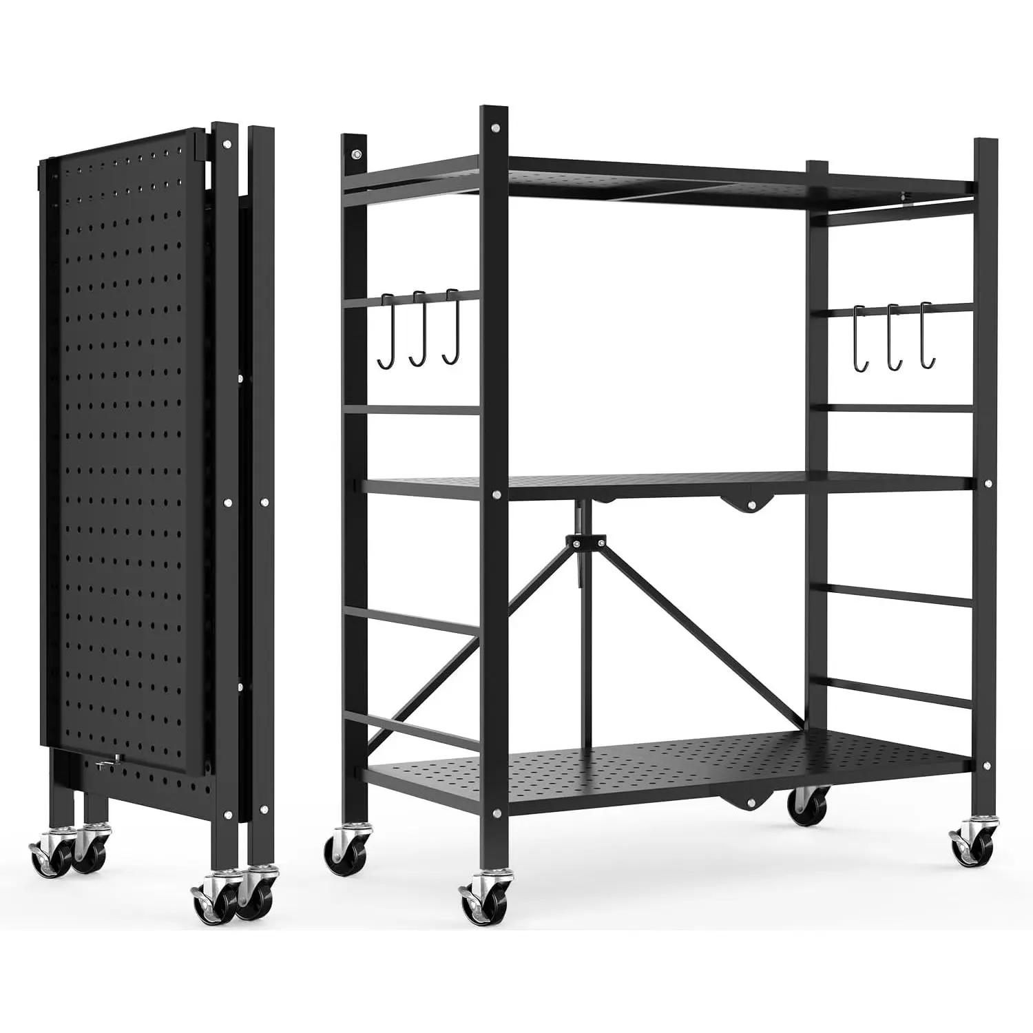 3 Tier Foldable Storage Shelf with Wheels 6 Hooks No Assembly Black | Metal collapsible organization, Folding shelves rack, Wire shelving, Unit rolling cart, Kitchen, Garage, Holds 792 Ibs