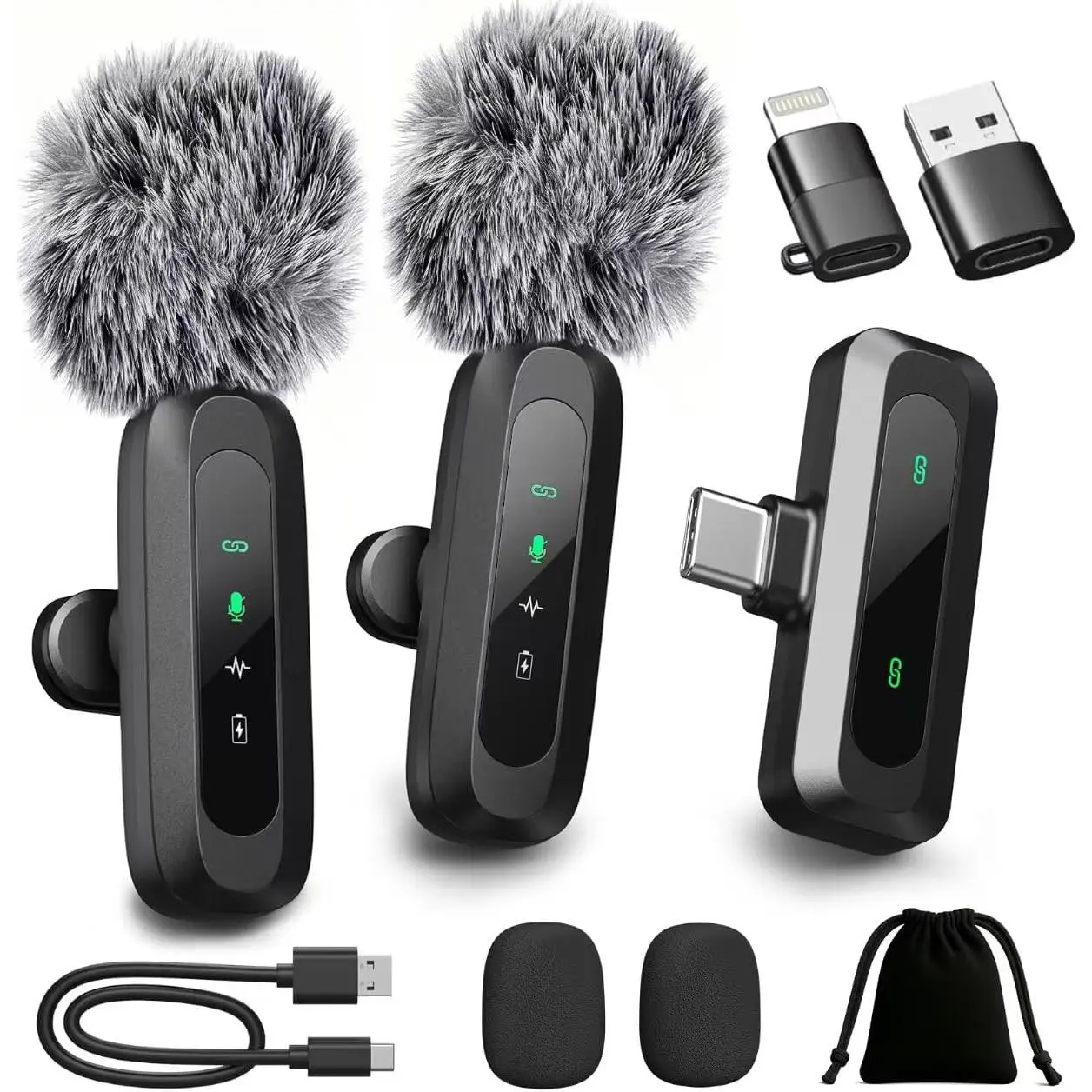2-Pack Upgraded Clip-On Lavalier Microphone with LED Screen, Omnidirectional Wireless Audio Mic for iPhone, iPad, Smartphone, HD Noise Cancelling, Portable for Video Recording, Content Creator Interviews