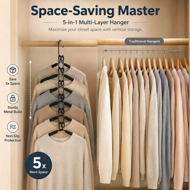 5-in-1 Multi-Layer Hanger, Space-Saving Vertical Organizer for Closets, Sturdy Metal Build with Non-Slip Protection, Maximize Wardrobe Space & Keep Clothes Neatly Arranged