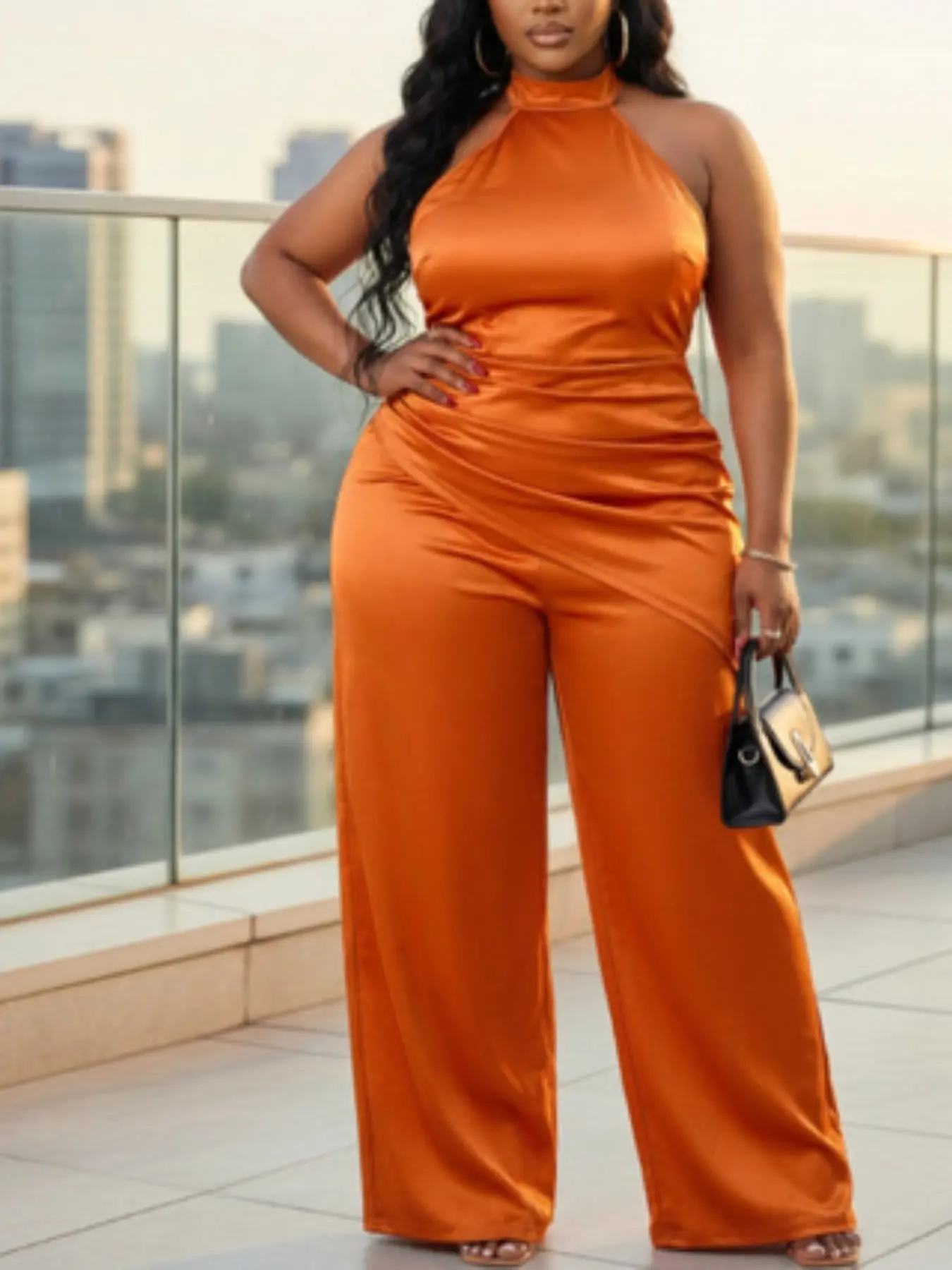 Plus Size Women's Summer Halter Sleeveless Ruched Waist Elastic Wide Leg Jumpsuit, Elegant Design for Daily Outing, Casual Gatherings