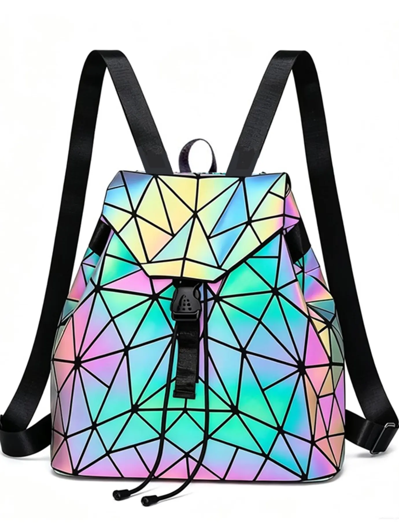 Women's Fashionable Trendy Backpack Geometric Pattern Drawstring big schoolbag , reflection Style Casual Holographic Geometry Backpack for Women & Girls, Backpack for Daily University