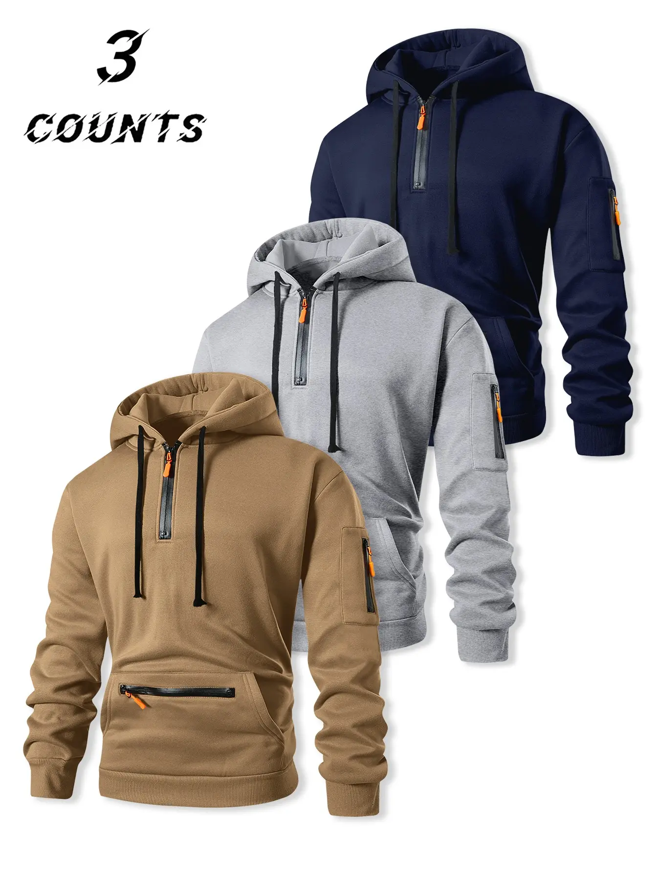 3 Counts Mens Half Zip Drawstring Hooded Sweatshirt, Multi Zipper Pockets, Arm Zipper Compartment, Thick Windproof Soft Fabric, Functional Streetwear for Sports Travel Casual Hip Hop Daily Outfits#MensHalfZipHoodie#FunctionalStreetwear #ZipperPocketTop