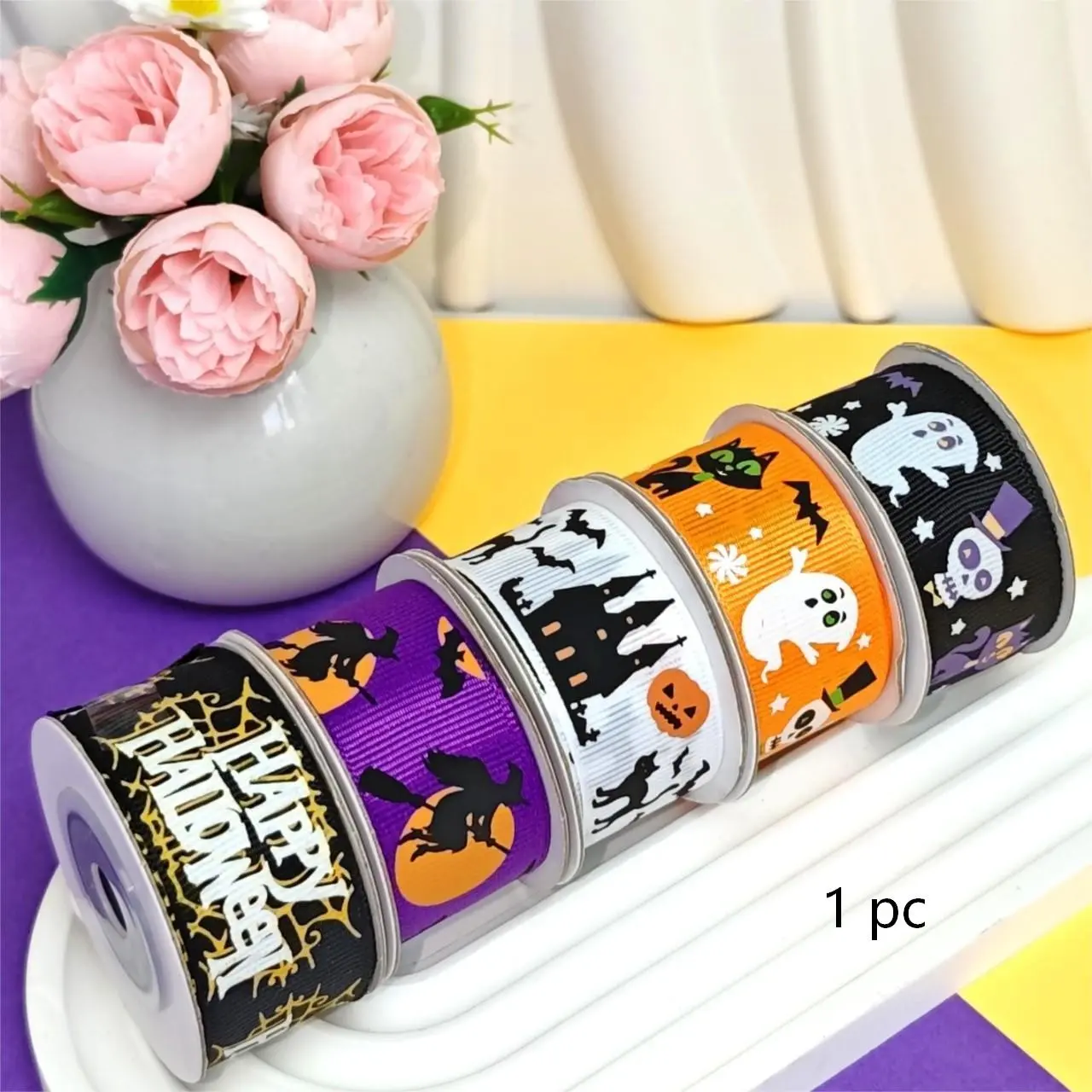 Halloween Decoration Ribbon, Gift Wrapping Ribbon, 5 Yards Ghost Castle Broom Pattern, DIY Bow Making, Wreath Making Ribbon