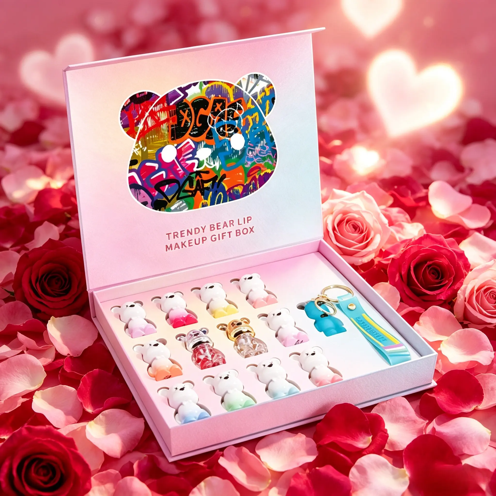 Viral Soft Cute Bear Full Lip Gloss Gift Box, Assorted Shades Water Lip Gloss For Glass Plump Lips, Creative Cosmetic Present For Girls Birthday & Valentine's Day