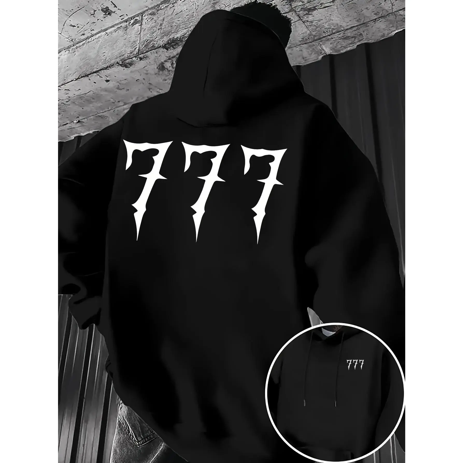 Gothic 777 Double‑Sided Print Hoodie Men Women Y2K Dark Aesthetic Number Graphic Hooded Sweatshirt Trendy Street‑Style Lucky Number Pullover Black Long‑Sleeve Outerwear