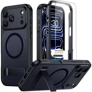 WAVELIFE for iPhone 17 Pro Max Case, Built-in Kickstand, Included Glass Screen Protector, Compatible with MagSafe, Military Grade Shockproof, Full-Body Bumper Matte Phone Cover 6.9" -Black