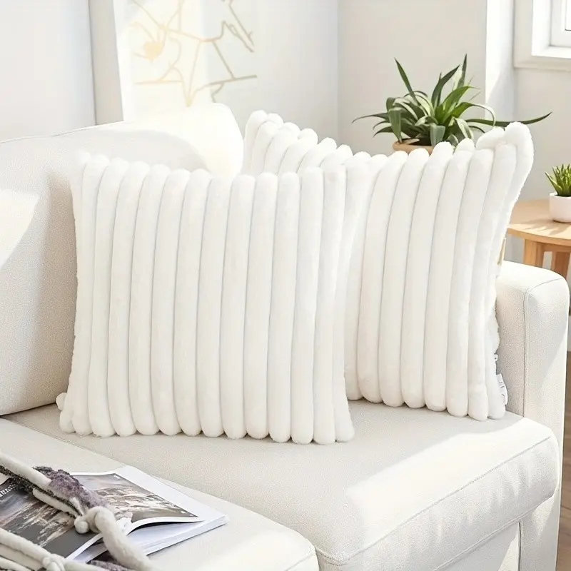 Plush Vertical Stripe Pillow, Soft Rabbit Fur Texture Long Folded Cushion, Trendy Home Decor Backrest, 2-Piece Set, No Core Included
