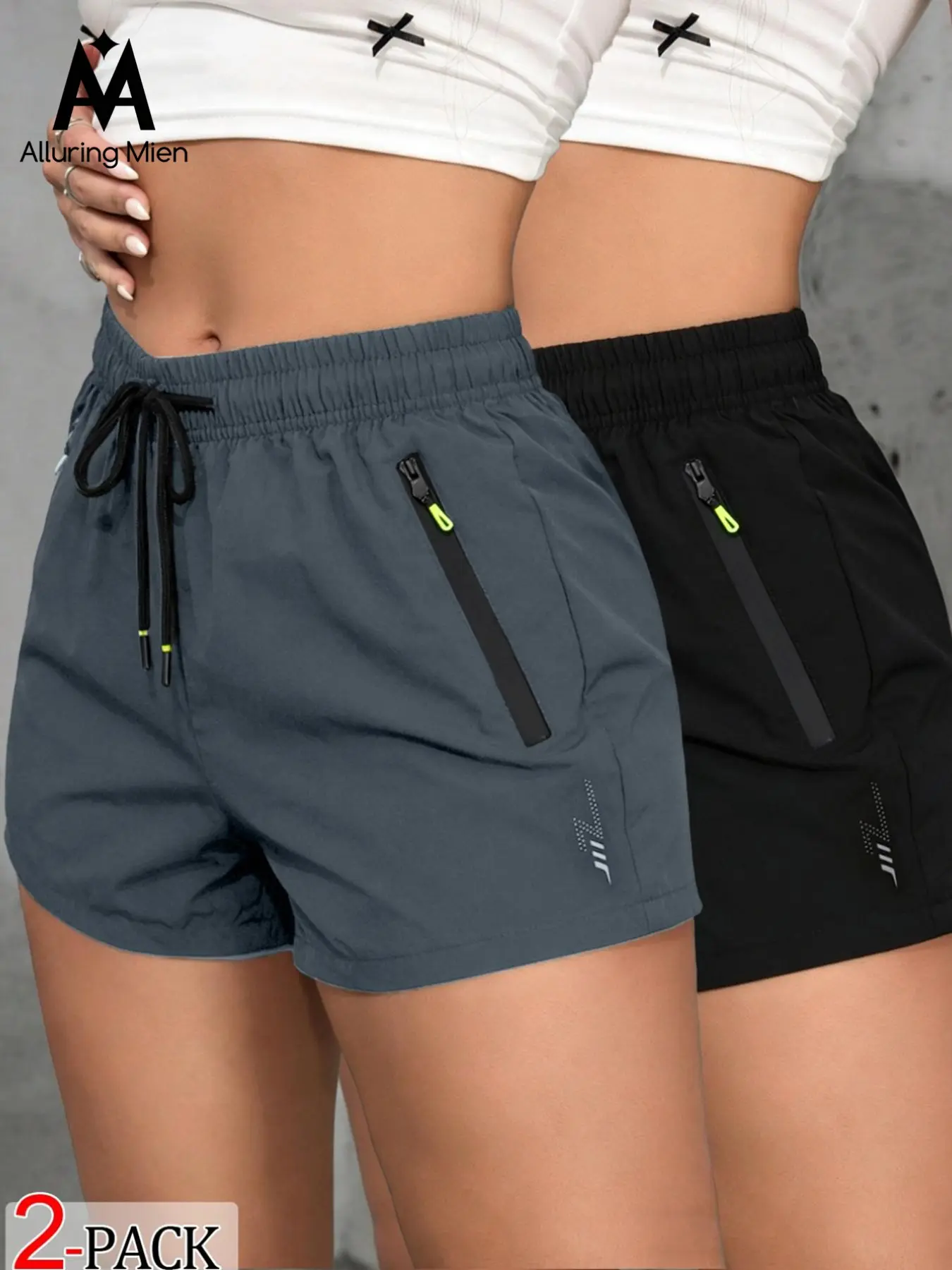 Women's Quick-Dry Gym Shorts, Zip Pocket Design, Lightning Print Drawstring Fitness Running Shorts, Comfortable Stylish Athleisure Wear