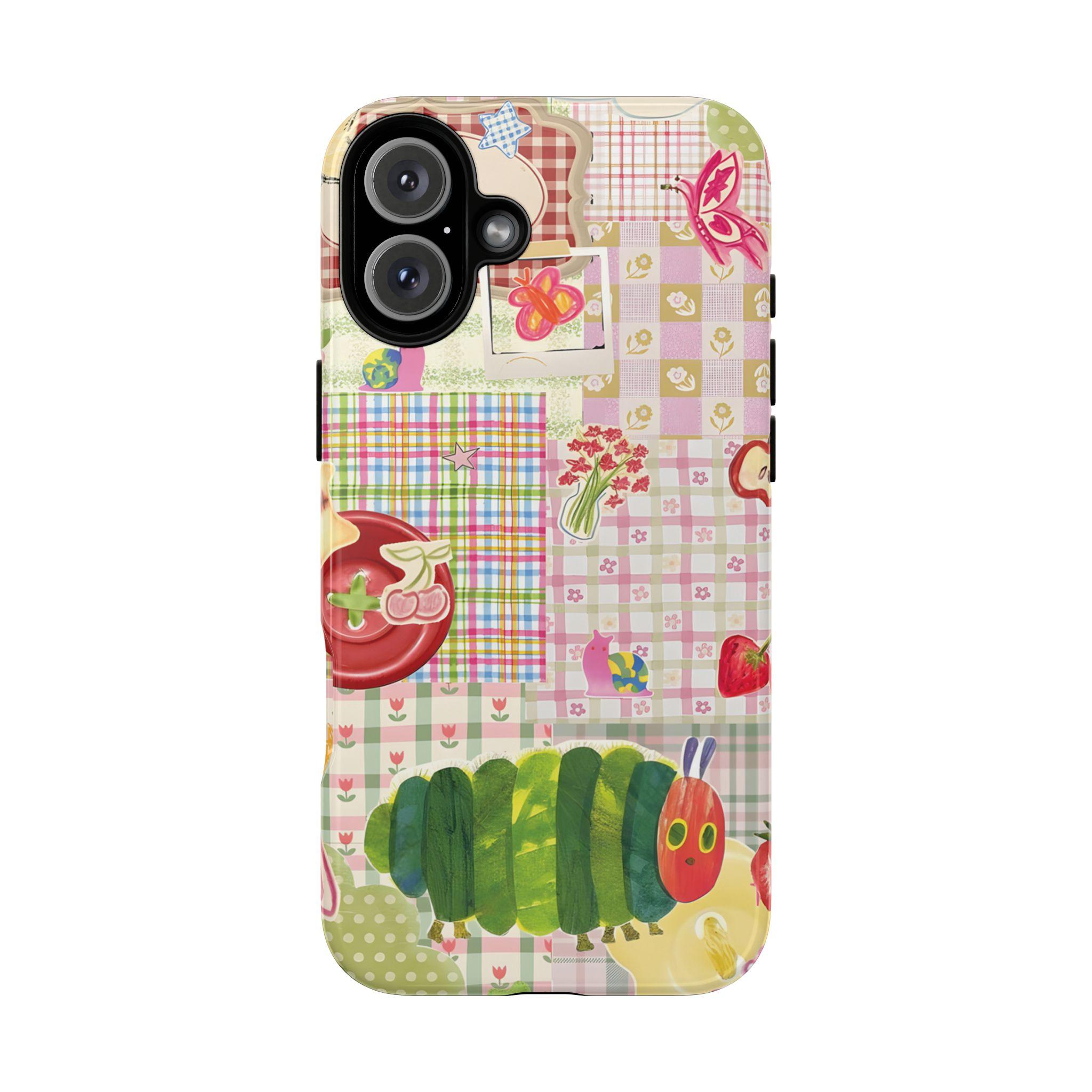 Whimsical Patchwork Phone Case with The Very Hungry Caterpillar, Fruit, and Floral Sticker Design for suitable for Samsung Galaxy 23 24 25 5G iPhone 17 ProMax Air 16 plus cases  15 pro max 14, 13, 12 with screen protector |   Beautiful phone case