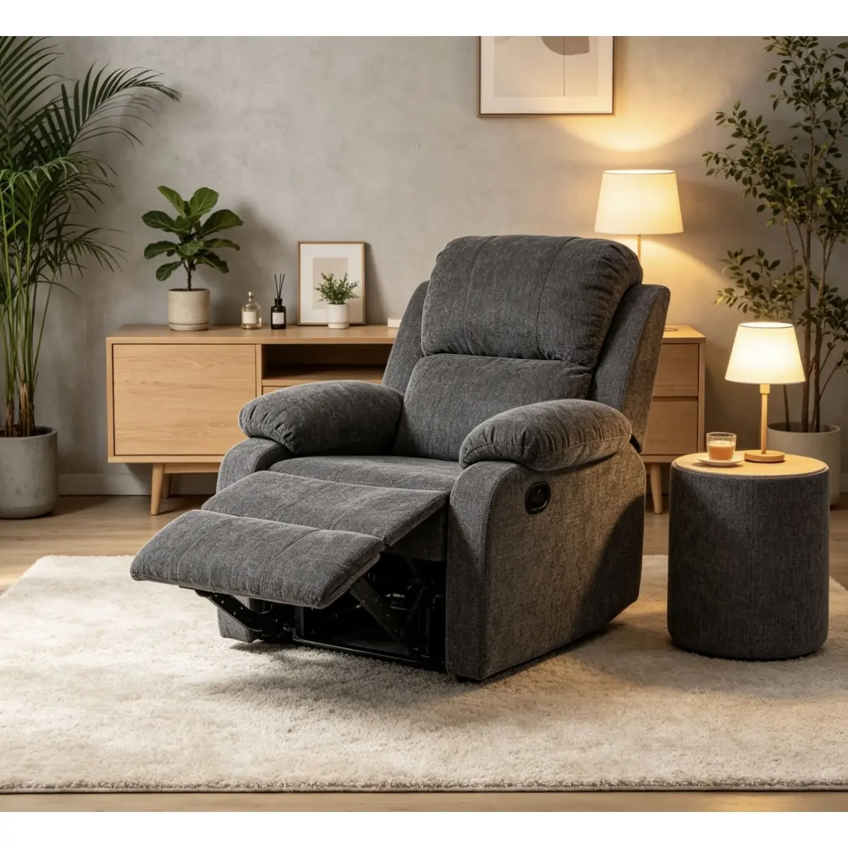 Manual Recliner Chair, Chenille Fabric Reclining Sofa Chair with Adjustable Backrest and Footrest, 110°-170° Lounge Chair, 400 lbs Capacity Single Recliner for Living Room Bedroom Small Spaces, Grey
