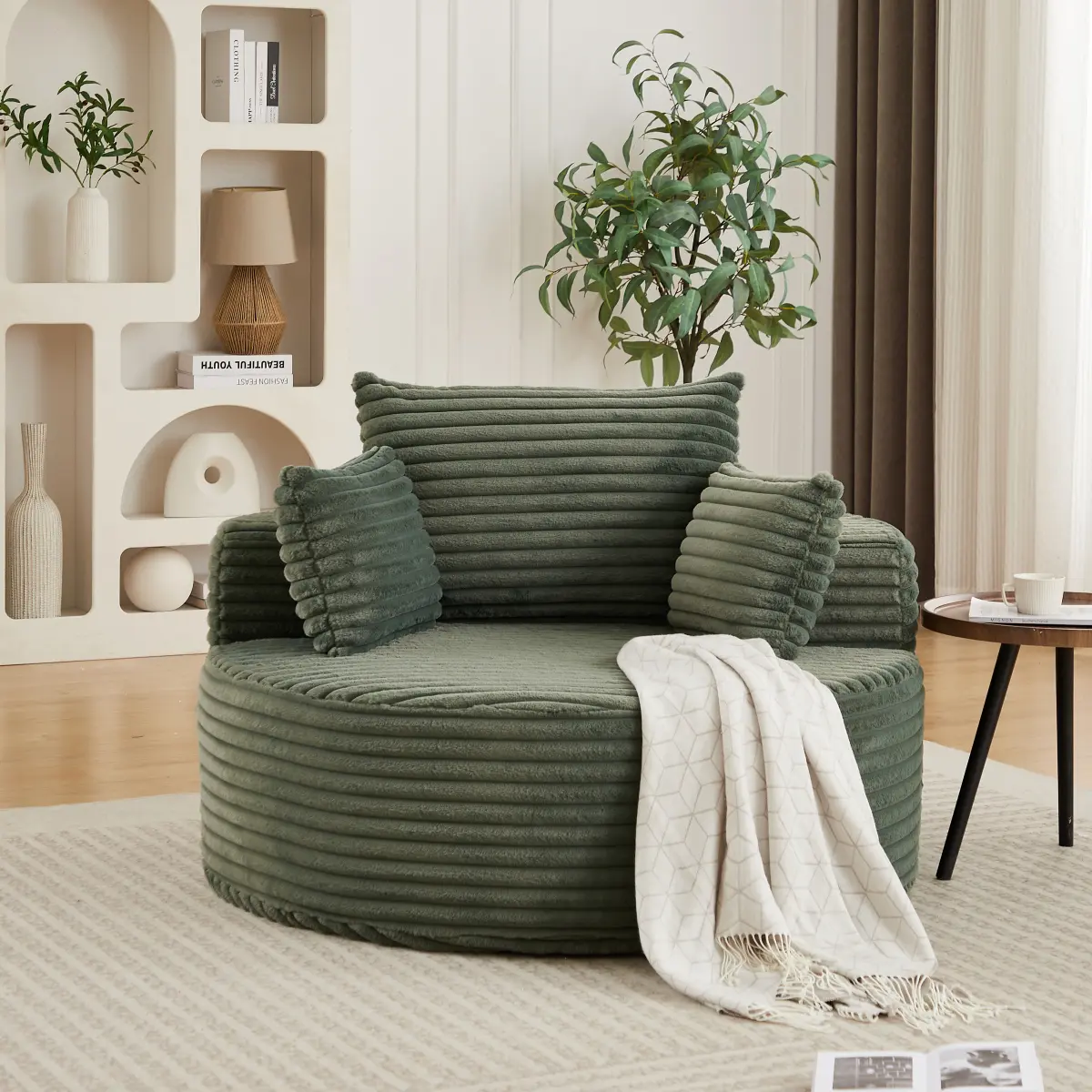 Oversized Round Chair Lounge Chaise Indoor,  50"Corduroy Sponge single sofa,No Assembly Required,Fluffy Modern Sleeper Chair for Living room, Bedroom, Lounge and Projection Room, No Assembly Required, Green