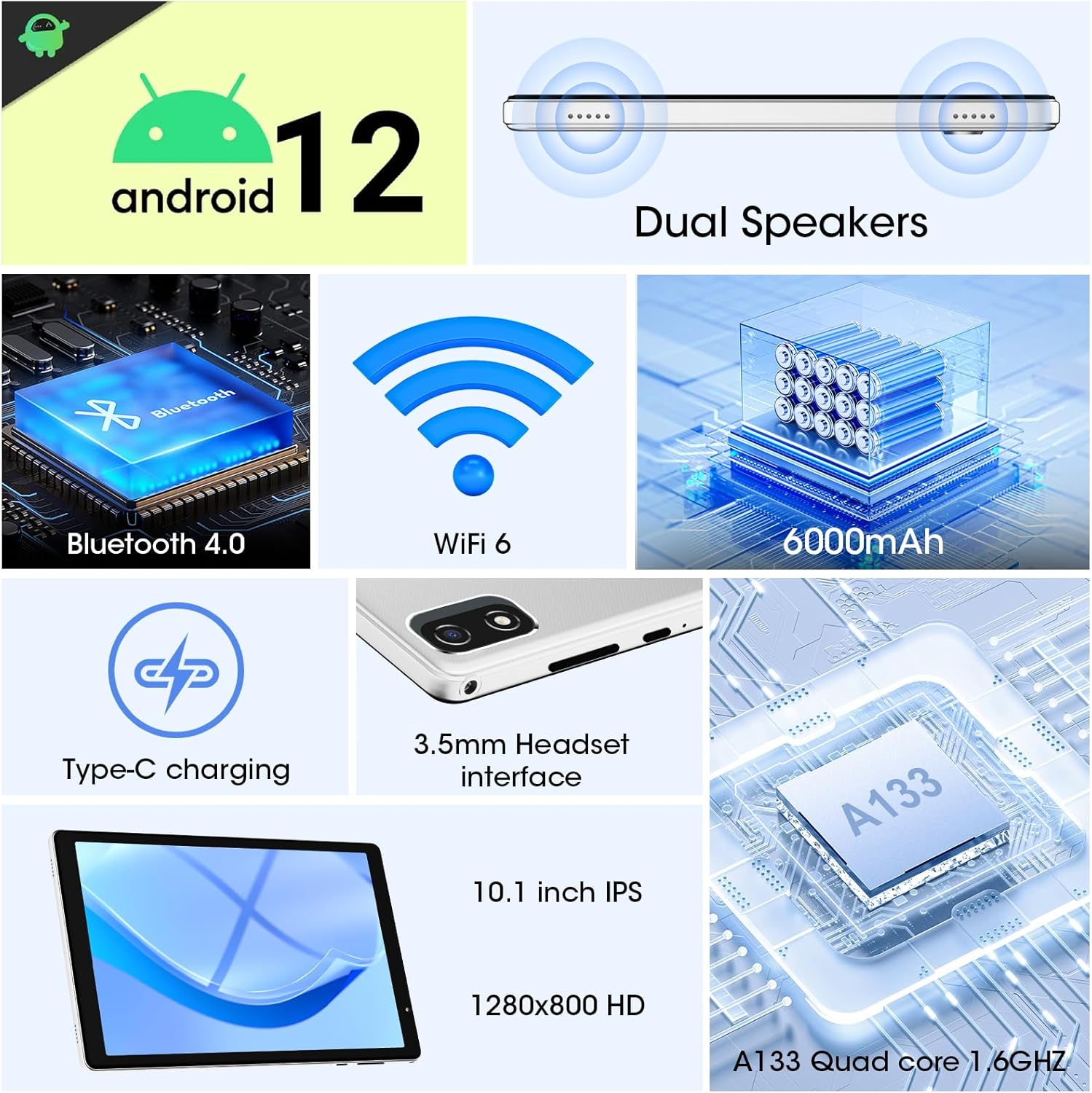 10.1 Inch Android 12 Tablet 32GB ROM 1TB Expandable Quad Core 6000mAh 1280x800 IPS Touch Screen 2+8MP Dual Camera Bluetooth WiFi Silver