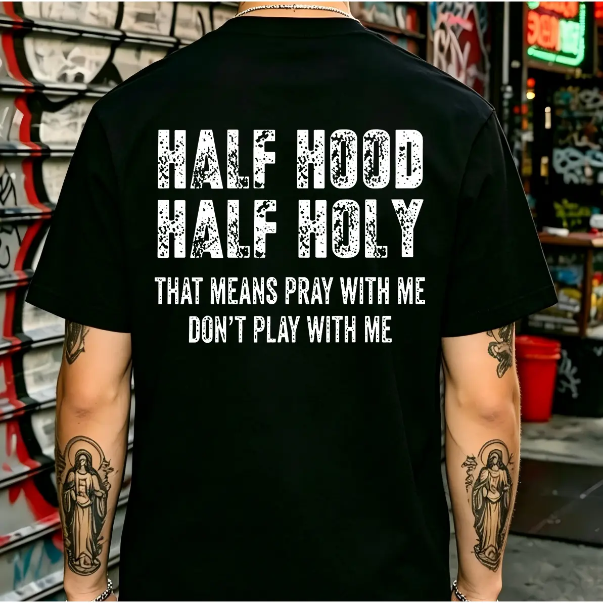 Half Hood Half Holy Graphic Hoodie for Men, Christian Faith Sweatshirt, Pray With Me Religious Hoodie, Streetwear Jesus Pullover, Gift for Him