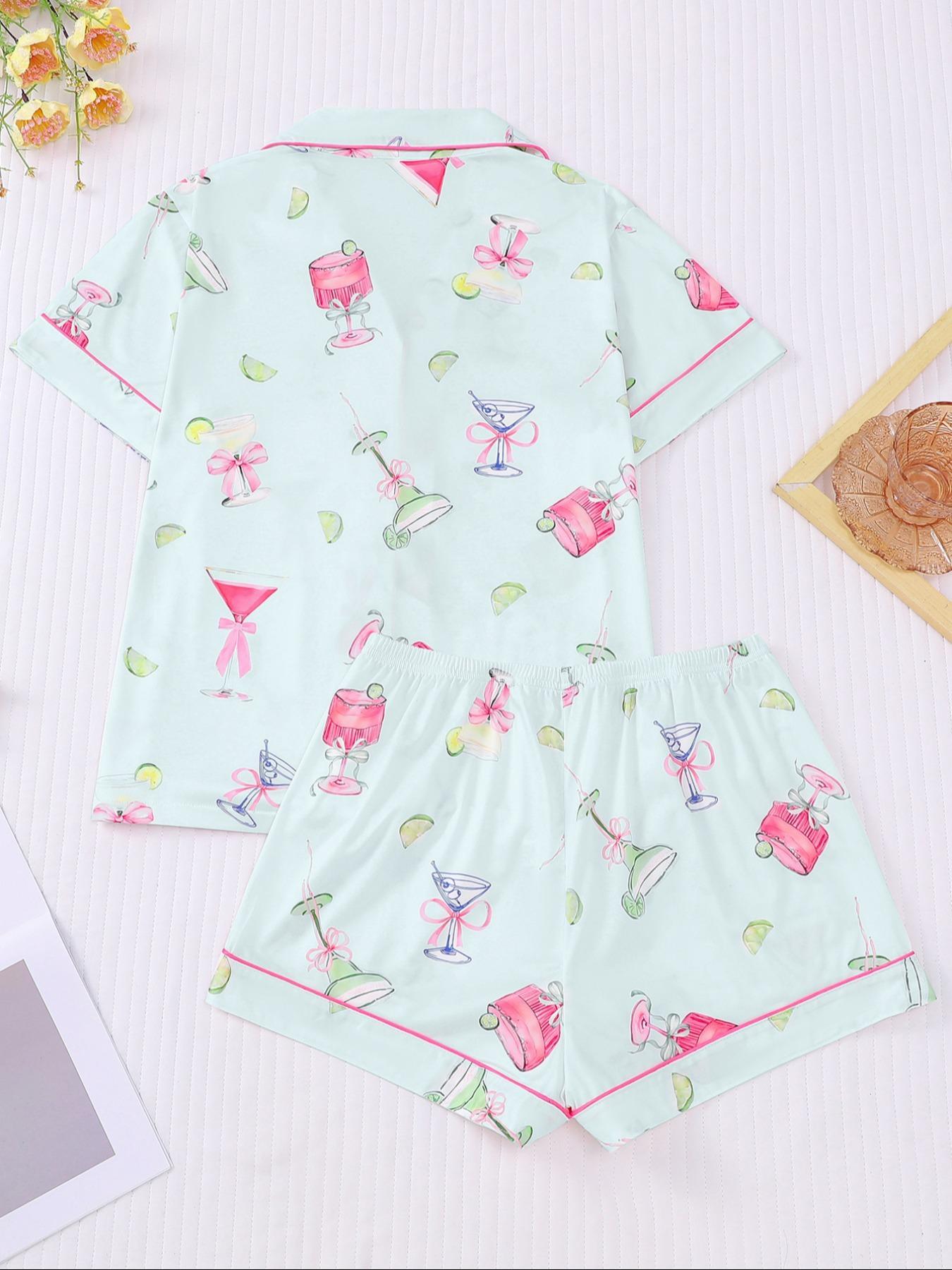 Women's All Over Cocktail Print Button Front Shirt & Elastic Waist Shorts Pyjama, Casual Comfy Short Sleeve Top & Shorts PJ Set, Ladies Sleepwear for All Seasons, Loungewear, Sleepwear Pajamas Set