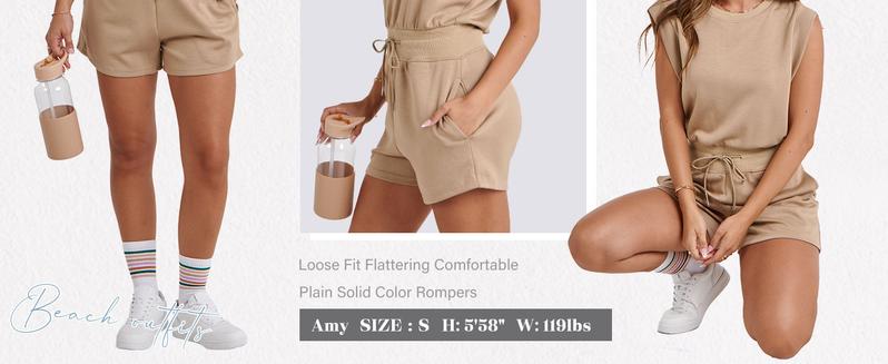 OFEEFAN Rompers for Women Summer Cap Sleeve Adjustable Drawstring Waistband Crewneck Casual Outfits with Pockets