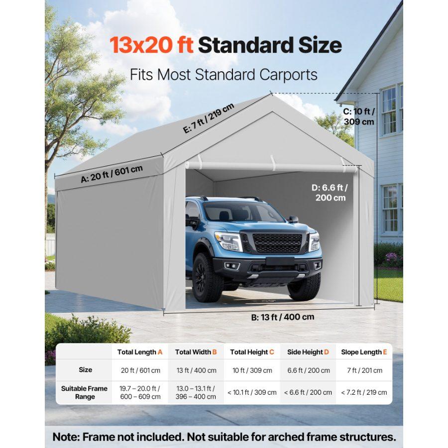 VEVOR Carport Replacement Canopy, 20x 20 ft Potable Garage Tent Top Tarp with Sidewalls, UV-Resistant Waterproof, Heavy Duty Car Shelter Tarp with Ball Buggees, Grey, Frame Not Included