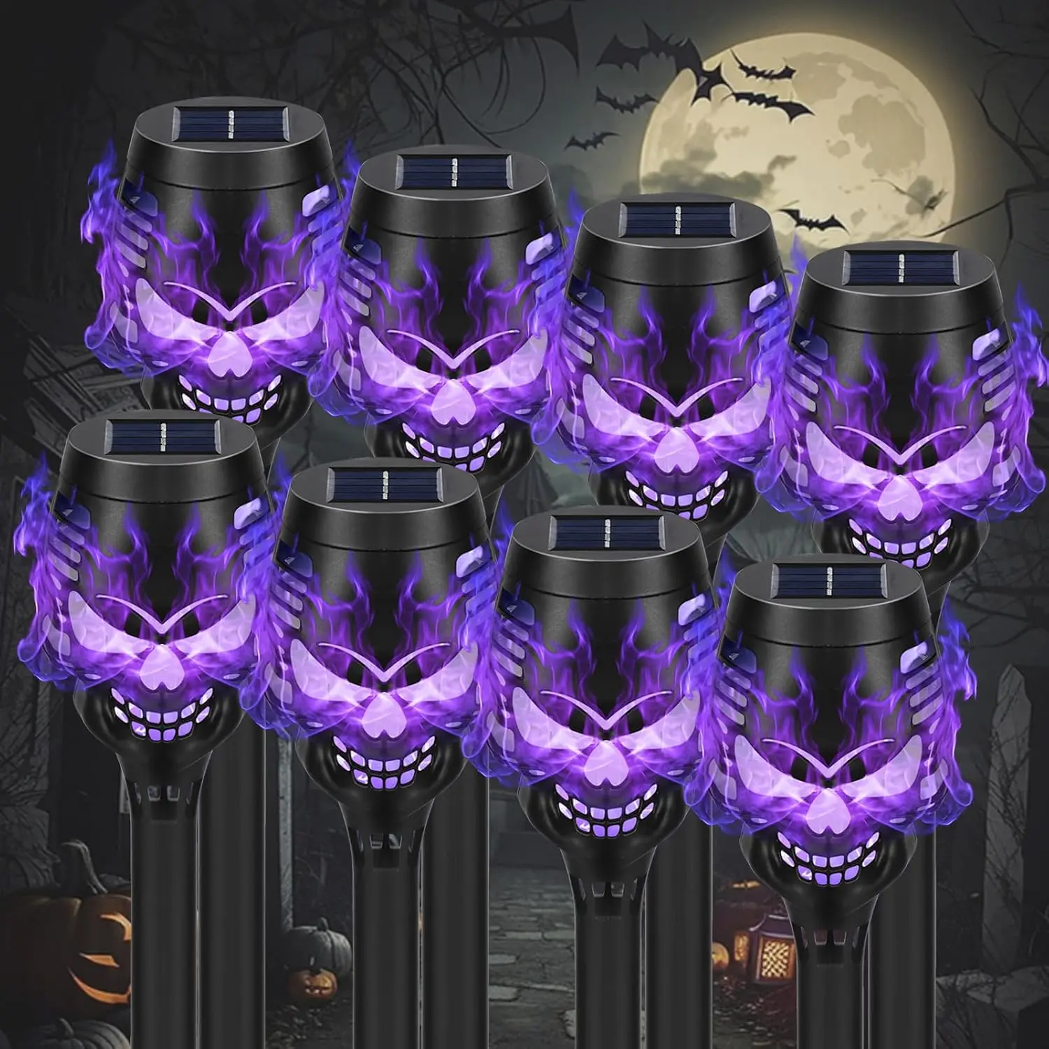 8 Pack Solar Skull  Lights,  Flame Halloween Decor | Flickering  Flames, Spooky Skull Design, Auto- at Dusk, IP65 Weather-Resistant, Tool-Free Setup