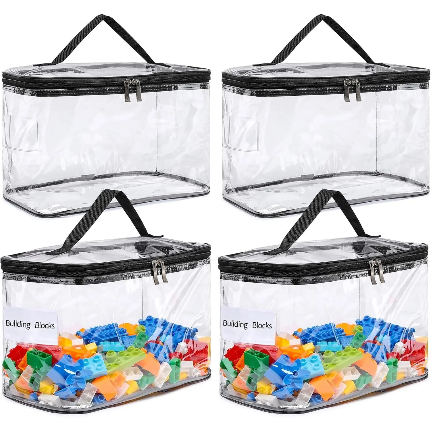 4-Pack Large Clear Storage Bag for Toys with Name Tag,  PVC  Organizer Case for Legos Bricks, Building Blocks, Puzzles, Stationery, Small Item Storage Bins(12.6 × 7.9 × 6.3 in)
