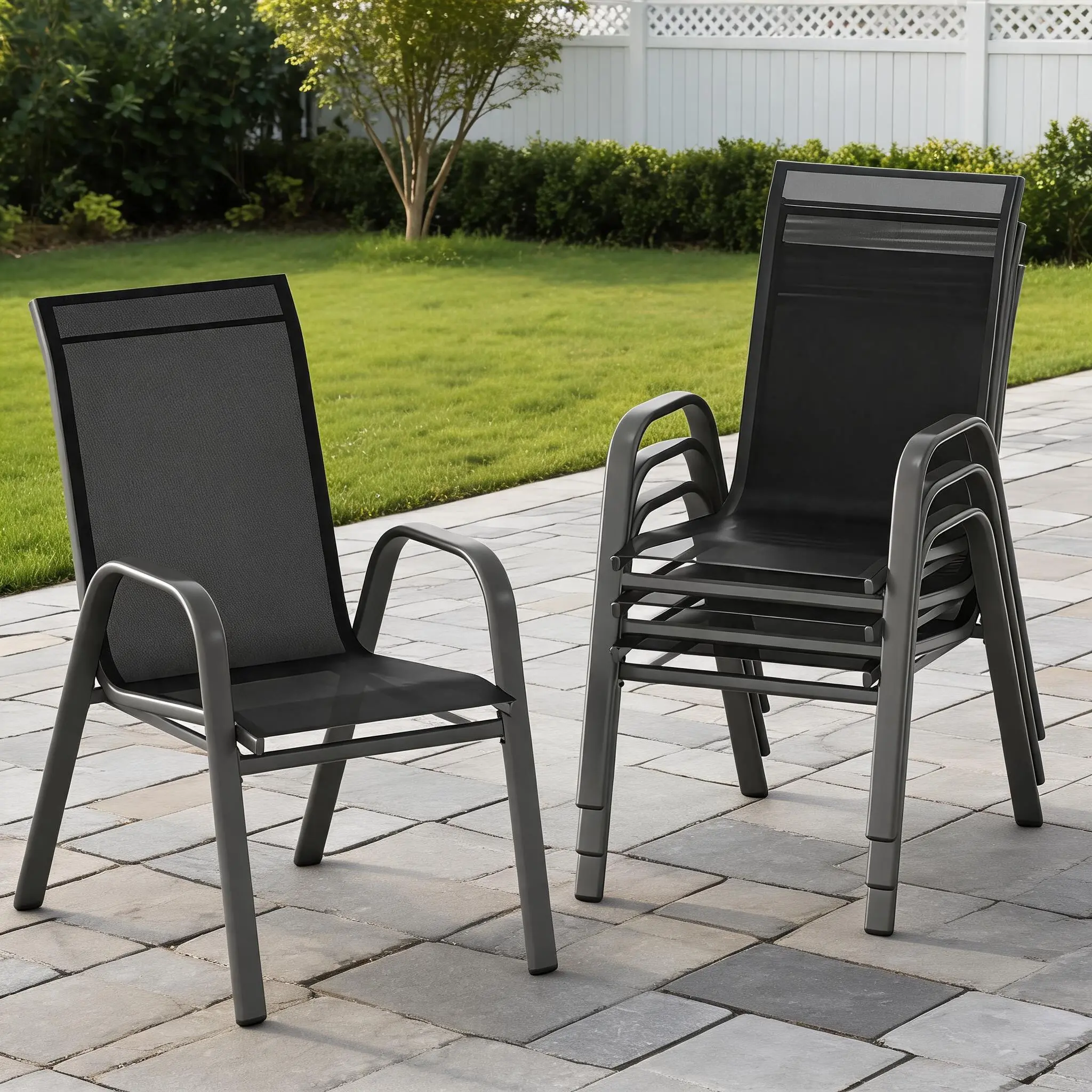 Stackable Outdoor Patio Dining Chairs Set of 4 – High Back, Durable Gray Textilene, All-Weather Metal Frame, Armrests – For Garden, Deck, Lawn, Balcony