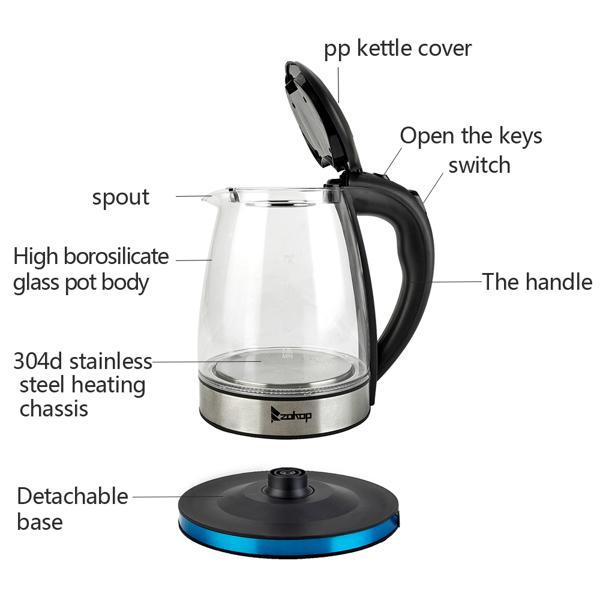 ZOKOP HD-1861-A 110V 1200W 1.8L Electric Glass Kettle US Plug with LED Lights, 360° Rotation Base, Auto Shut-off, and Mesh Filter for Spill Proof Pours Automatic