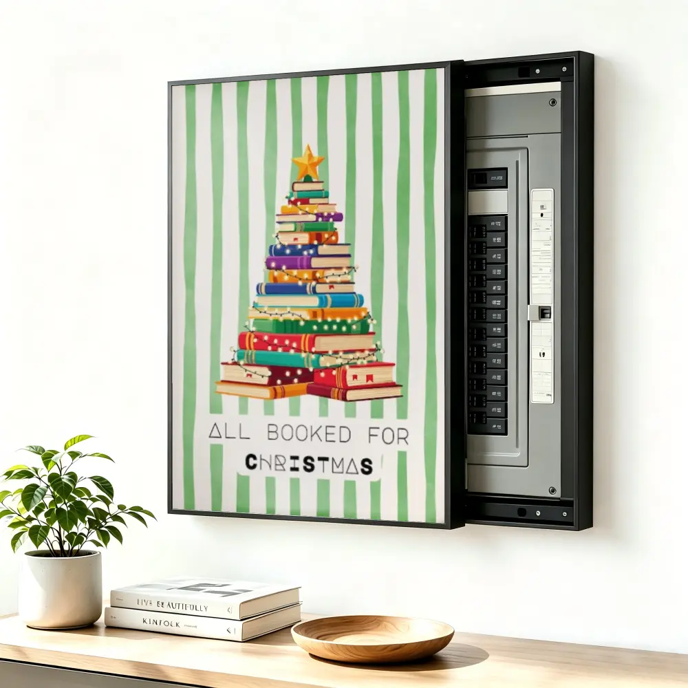 ElectricalPanel Cover Decorative Breaker Box Cover Fuse Box Cover Book Stack Christmas Tree Art Aluminum Alloy Frame With High Quality Canvas, LivingRoom Home Office