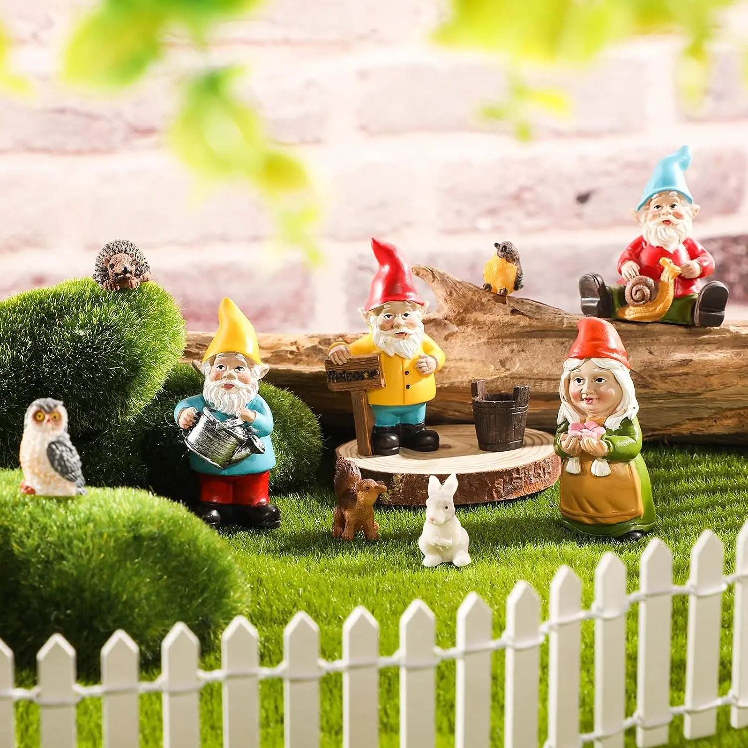 10 Pcs Mini Fairy Gnomes Statue Garden Accessories Kit Miniature Garden Resin Gnomes Hand Painted Squirrel Hedgehog Owl Bird and Bucket Ornament for Yard Lawn Home Outdoor Decoration