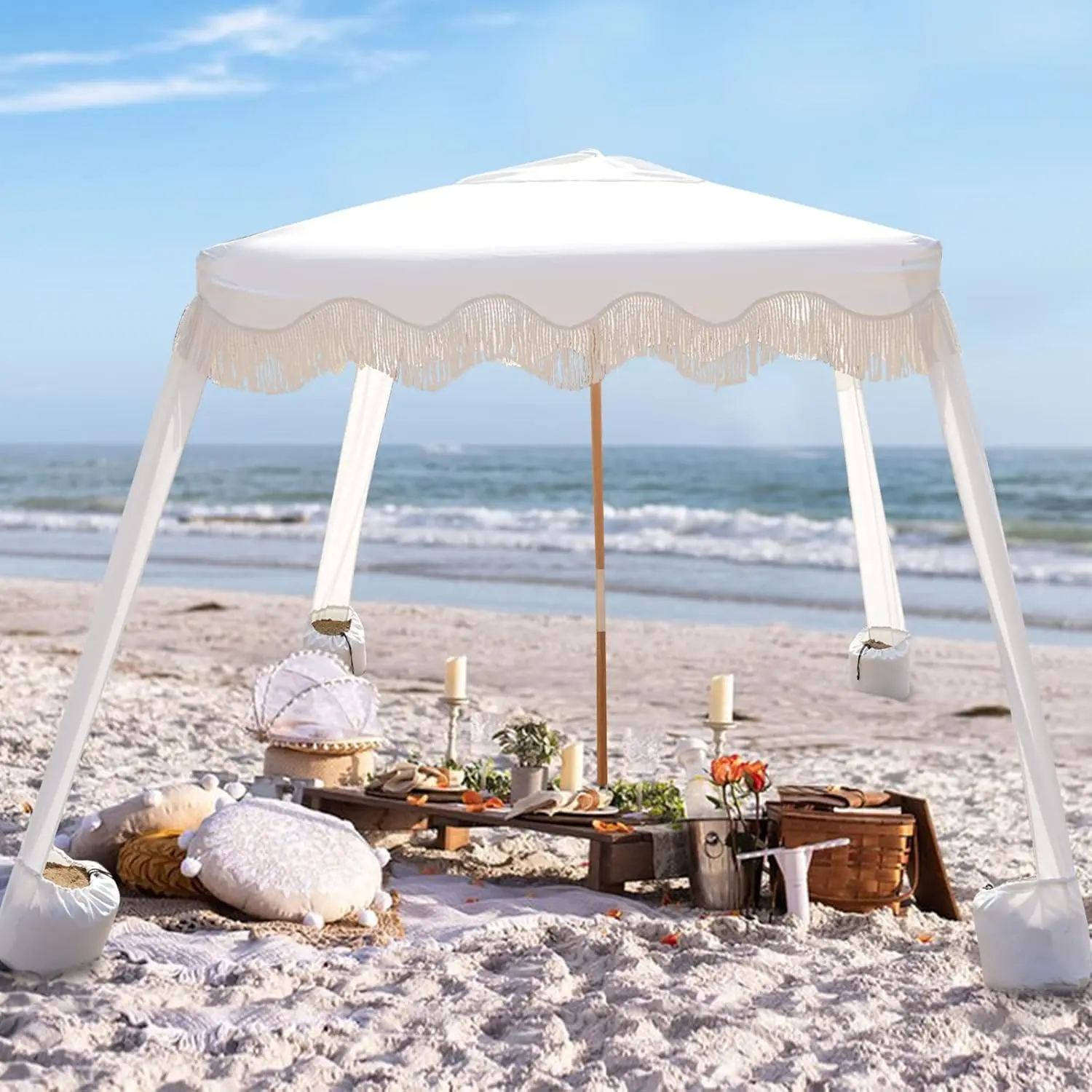 7' x 7' White Beach Cabana - Romantic, Lightweight Boho Canopy with Fringe, Tassels, Premium Wood Pole, Steel Sand Pockets, Easy Setup Sun Protection Shelter for Sand, Patio, Elegant