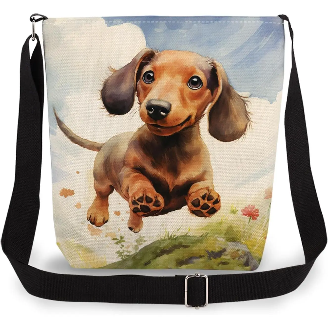 Cartoon Dachshund Print Canvas Crossbody Bag, Adjustable Strap Lightweight Purse with Top Zipper & Inner Pocket, Daily  Bag  for Women