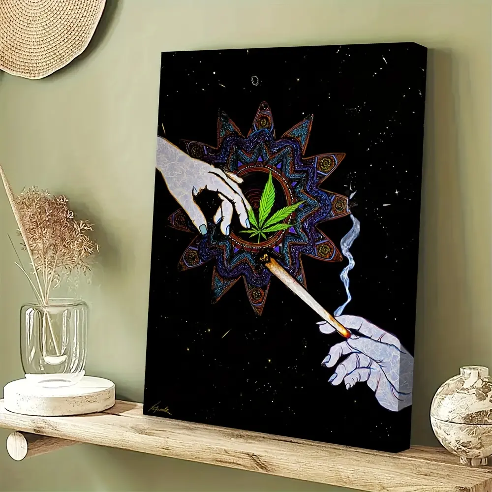 1 Piece Artistic Psychedelic Wall Art Print - 12x16in Deep Dialogue V - Vintage 60s/70s Cannabis Canada Day Decoration - Hand Rolling Cigarette - Dark Blue & Gold Leaf Design - Wrapped Canvas Frame - Easy Hanging with Adhesive/Screws - Home, Office Decor